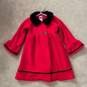 Girls 6x red with black collar, fleece bell sleeve dress coat.